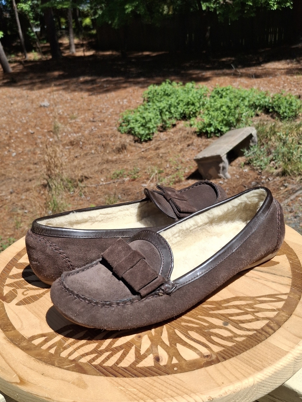 Cole Haan Women's Brown Suede Sherling Lined Evelyn Bow Driving Loafers Size 8